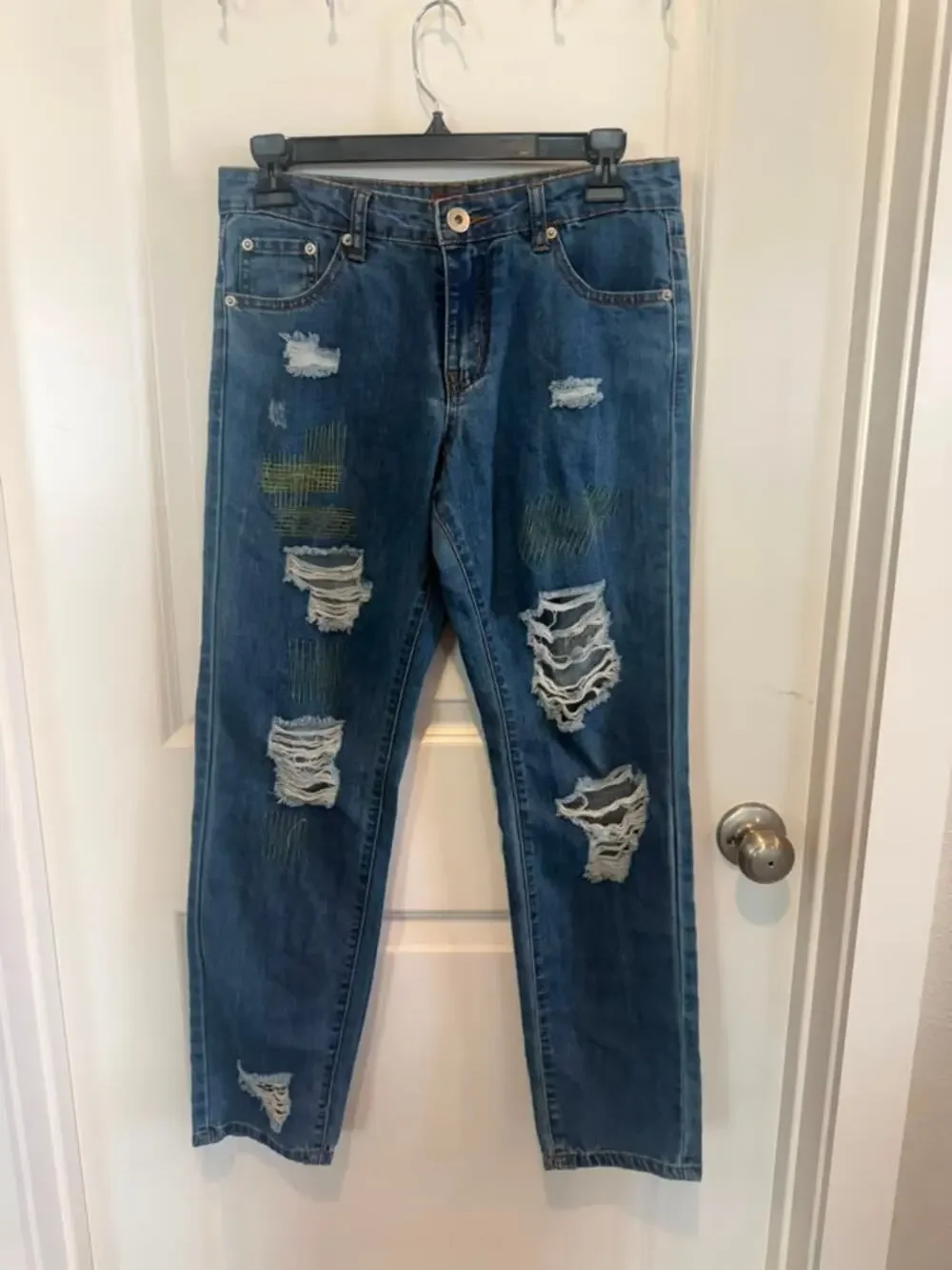 POL Distressed Patchwork Denim Jeans Blue Size Small